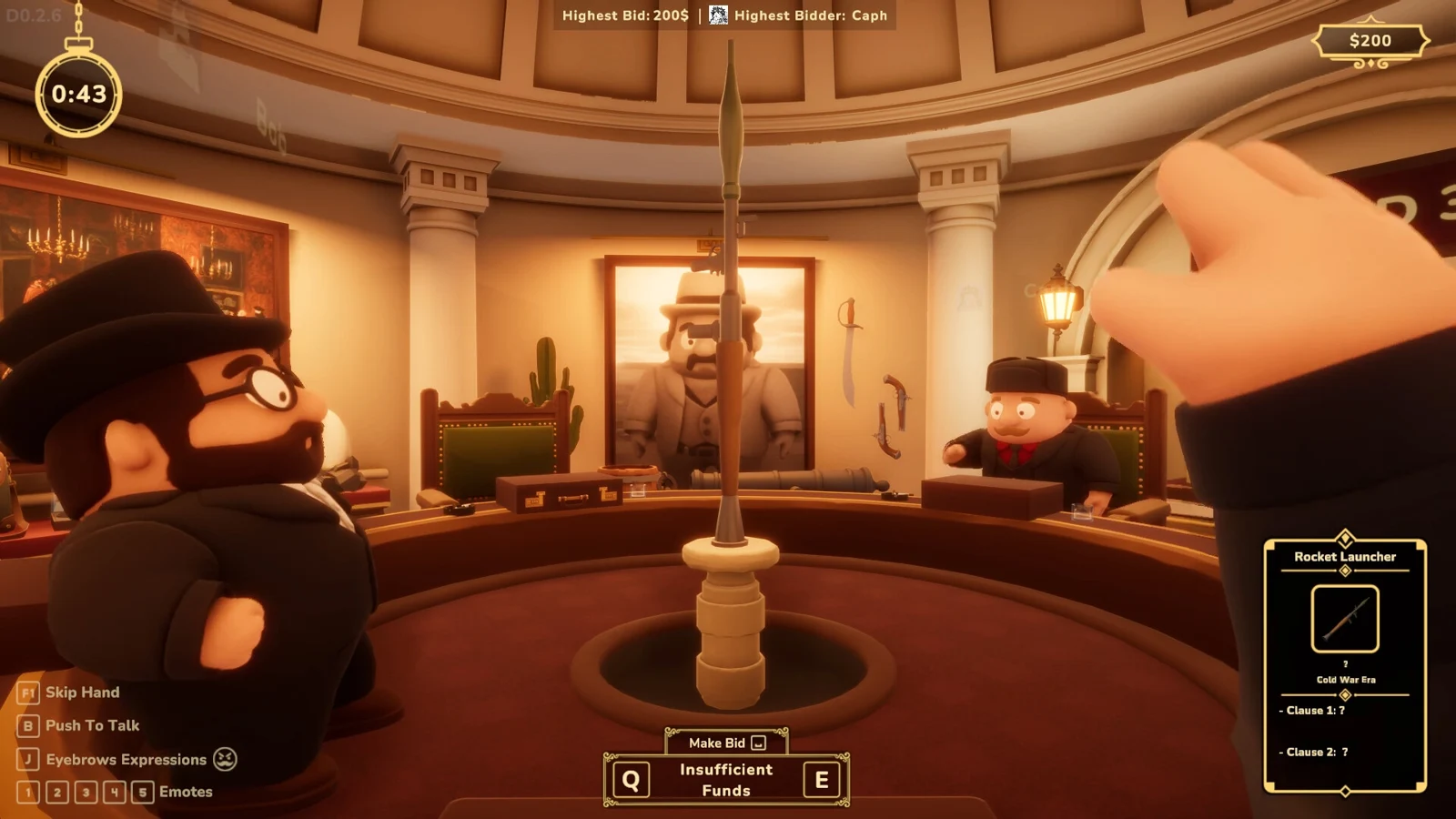 Official gameplay with the highest bid, next bid and hidden clauses visible in the HUD
